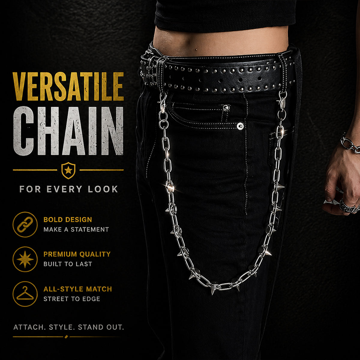 SABOZE Single Layer Spike Pants Chain – Silver
