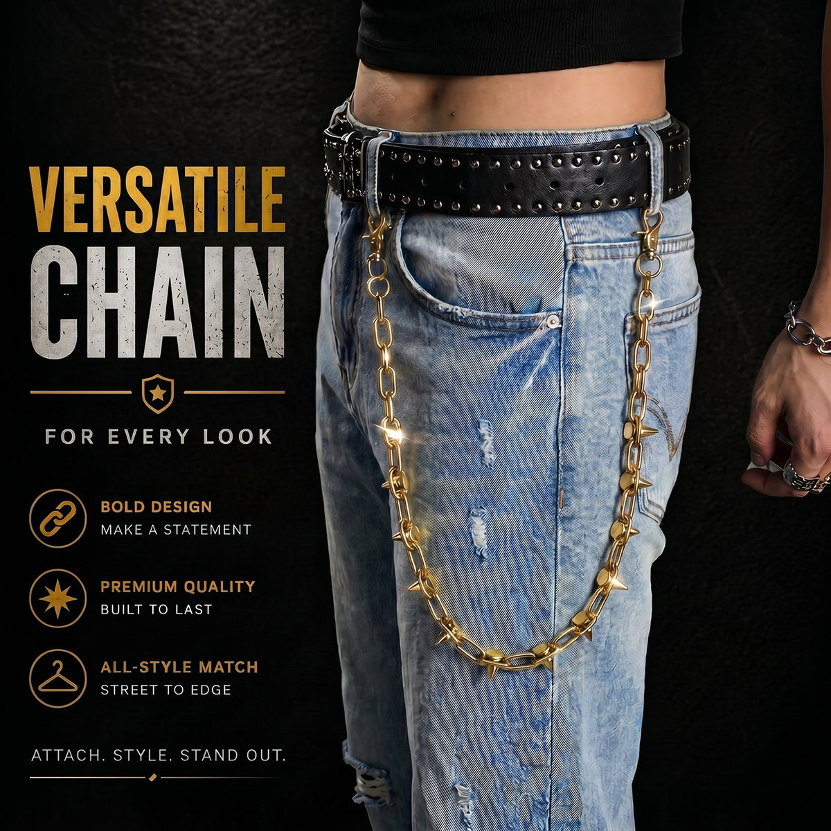 SABOZE Single Layer Spike Pants Chain – Gold